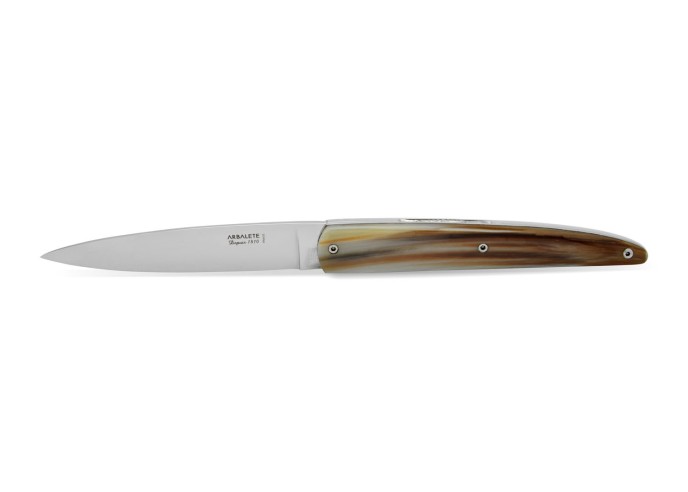Arbalete folding knife, hand-chiseled, blond horn tip handle, shiny finish