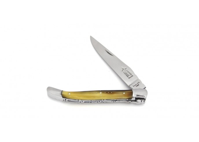 Forged Laguiole folding knife, double plates, blond tip horn handle, shiny finish