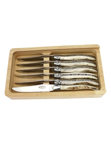 Box with 6 steak knives Laguiole Prestige, deer antlers handle, shiny finish