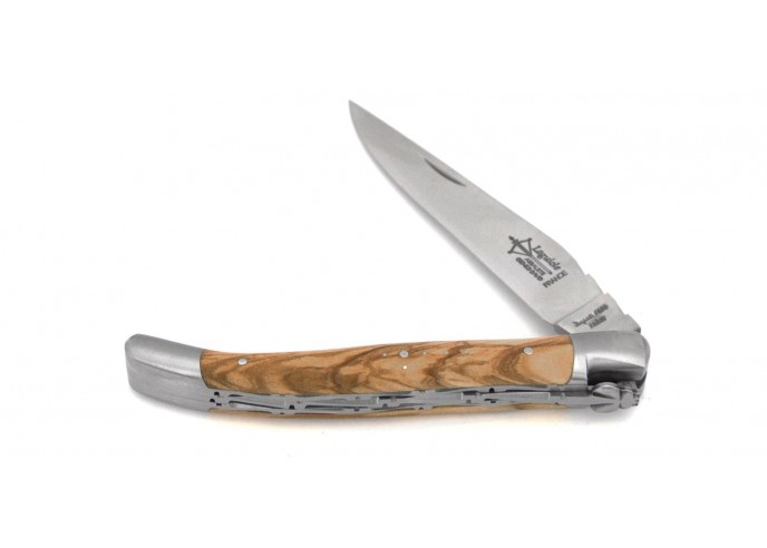 Laguiole Forged folding knife, double plates, 12 cm olive wood handle, matt finish