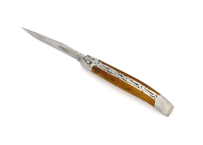 Forged Laguiole folding knife, double plates, 12 cm pistachio handle, matt finish