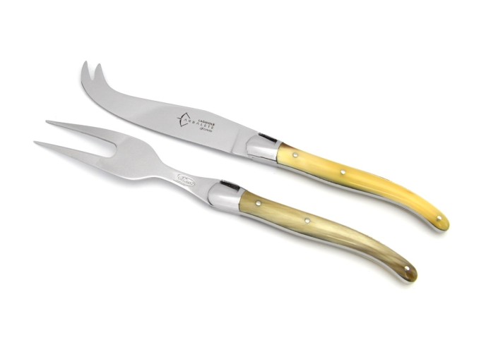 Service à fromage Laguiole, couteau & fourchette, manche en pointe de corne blonde, finition brillant