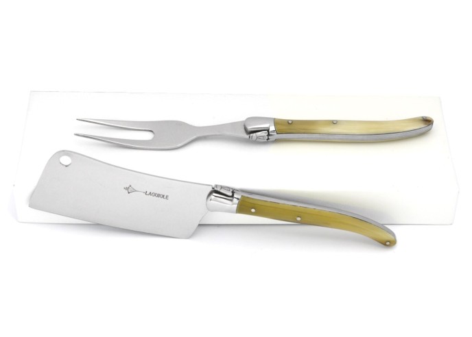 Laguiole cheese cleaver knife and fork, 12 cm blonde horn tip handle, shiny finish