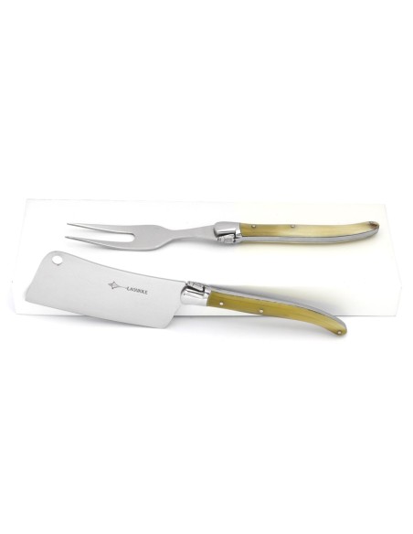 Laguiole cheese cleaver knife and fork, 12 cm blonde horn tip handle, shiny finish