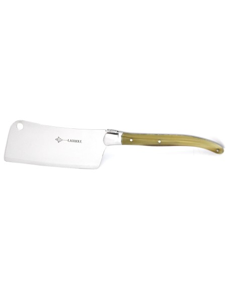 Laguiole cheese cleaver knife and fork, 12 cm blonde horn tip handle, shiny finish