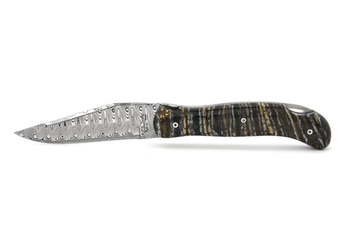 Laguiole folding knife Grande Nature Damascus blade, 12 cm mammoth molar handle, shiny finish