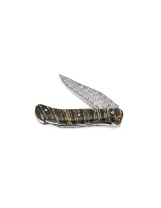 Laguiole pliant Grande Nature Lame Damas, manche en molaire de mammouth de 12 cm, finition brillant