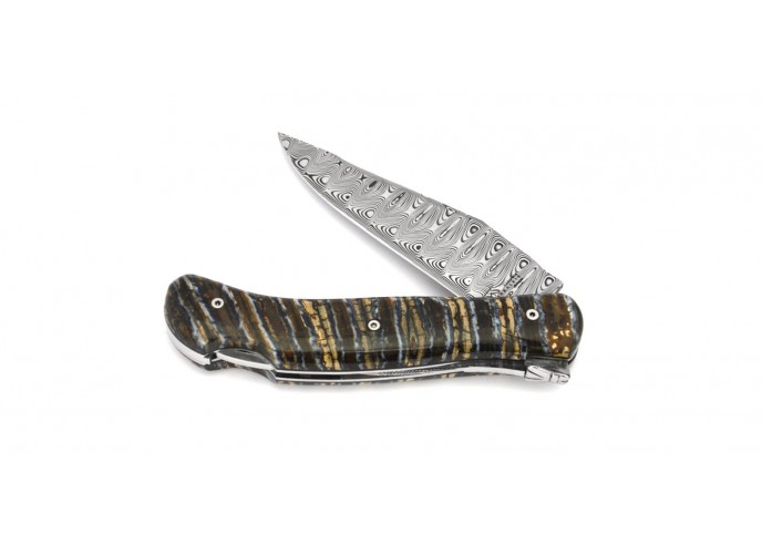 Laguiole folding knife Grande Nature Damascus blade, 12 cm mammoth molar handle, shiny finish