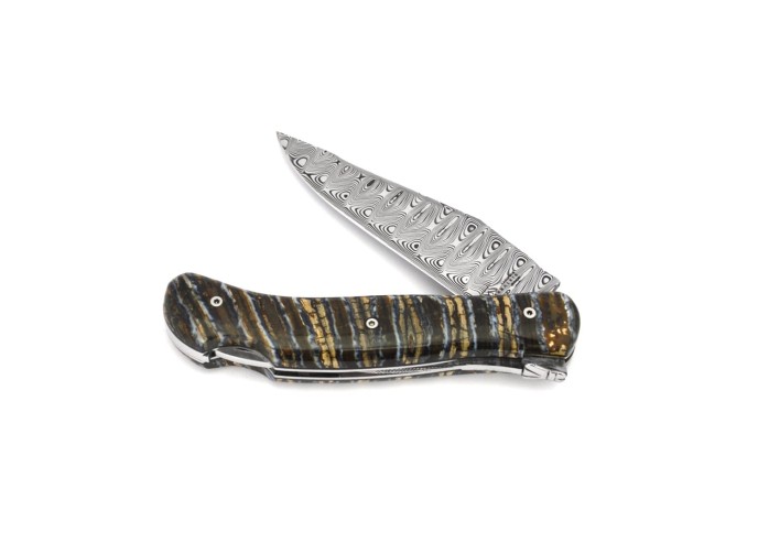 Laguiole pliant Grande Nature Lame Damas, manche en molaire de mammouth de 12 cm, finition brillant