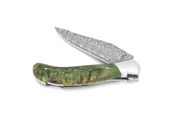 Laguiole folding knife Grande Nature Damascus blade, 12 cm green stabilized birch handle, shiny finish
