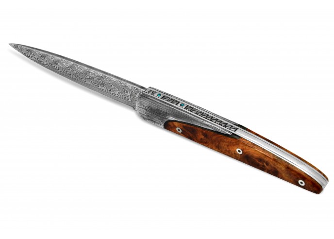 Arbalète knife, 2015 Coutellia model, Damascus Blade, 12 cm thuya handle
