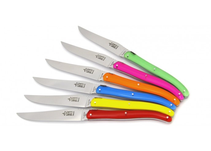 Box with 6 Laguiole steak knives, fluo acrylic handle, shiny finish