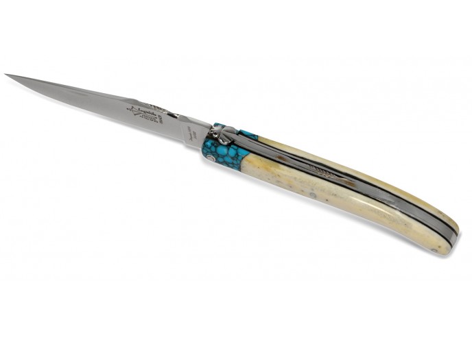 Laguiole Forged folding knife, 12 cm bone handle with turquoise false bolster, shiny finish