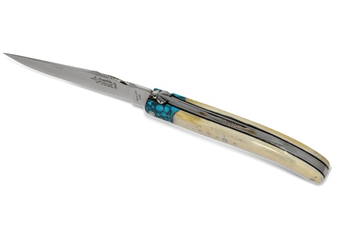 Laguiole pliant Forgé, manche en os de 12 cm avec une fausse mitre turquoise, finition brillant