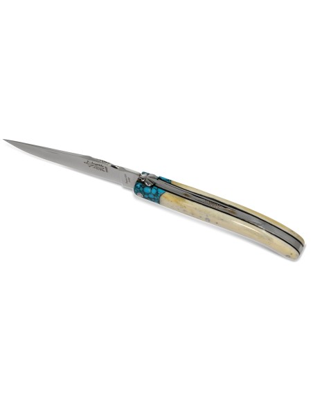 Laguiole pliant Forgé, manche en os de 12 cm avec une fausse mitre turquoise, finition brillant