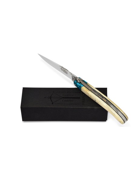 Laguiole pliant Forgé, manche en os de 12 cm avec une fausse mitre turquoise, finition brillant