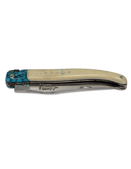Laguiole pliant Forgé, manche en os de 12 cm avec une fausse mitre turquoise, finition brillant