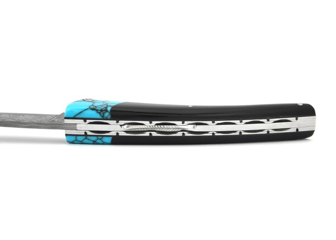 Le Thiers ®  lame Damas, fausse mitre turquoise, manche en buffle noir de 12 cm, finition brillant