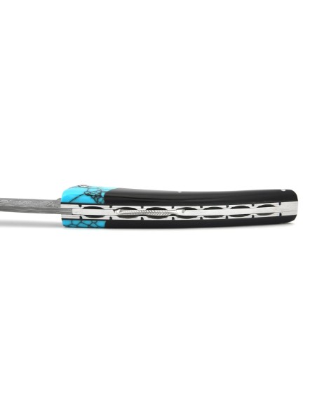 Le Thiers ®  lame Damas, fausse mitre turquoise, manche en buffle noir de 12 cm, finition brillant