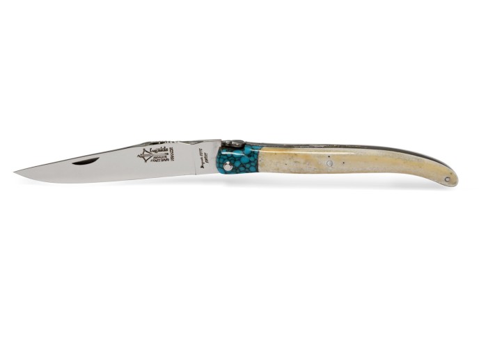Laguiole pliant Forgé, manche en os de 12 cm avec une fausse mitre turquoise, finition brillant