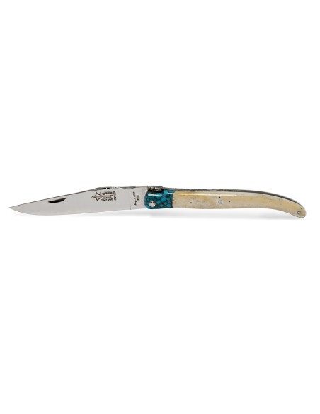 Laguiole pliant Forgé, manche en os de 12 cm avec une fausse mitre turquoise, finition brillant