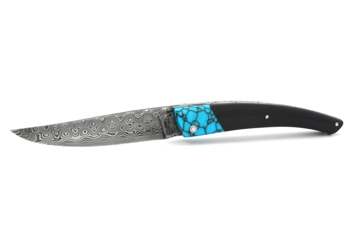 Le Thiers ®  lame Damas, fausse mitre turquoise, manche en buffle noir de 12 cm, finition brillant