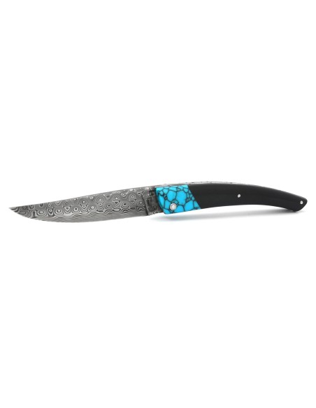 Le Thiers ®  lame Damas, fausse mitre turquoise, manche en buffle noir de 12 cm, finition brillant