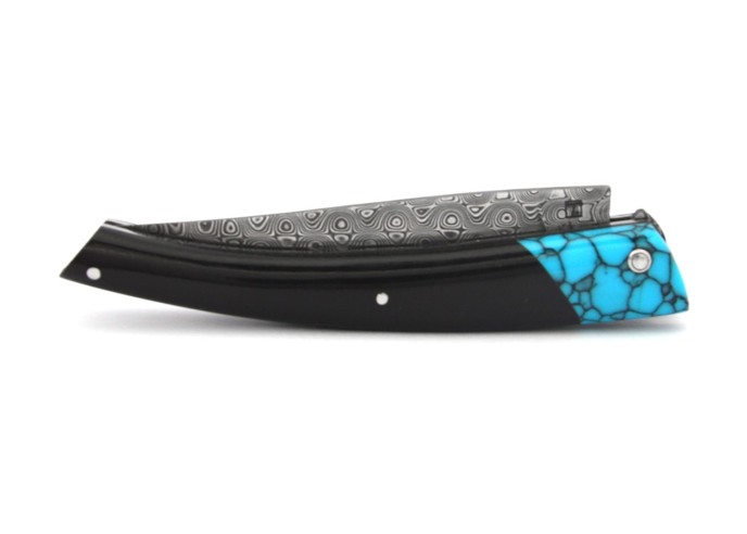 Le Thiers ®  lame Damas, fausse mitre turquoise, manche en buffle noir de 12 cm, finition brillant