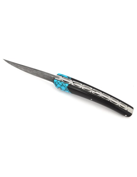 Le Thiers ®  lame Damas, fausse mitre turquoise, manche en buffle noir de 12 cm, finition brillant