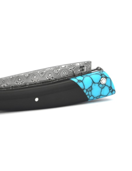 Le Thiers ®  lame Damas, fausse mitre turquoise, manche en buffle noir de 12 cm, finition brillant