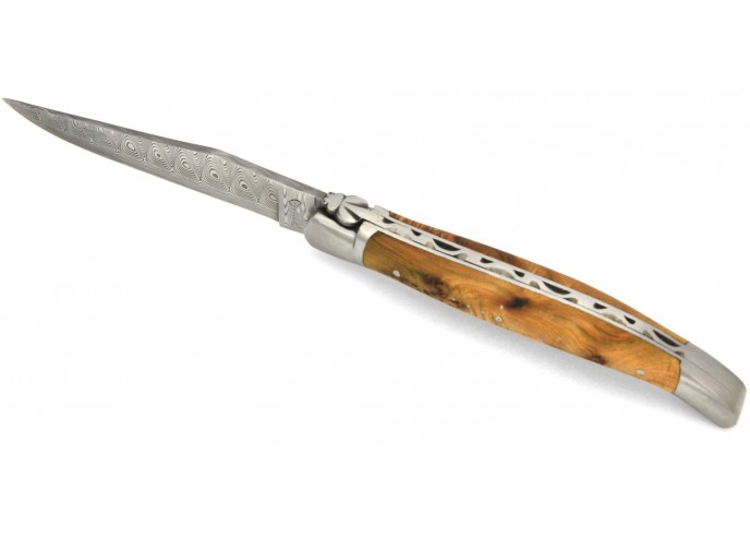 Laguiole Collection folding knife, Damascus blade, 12 cm juniper wood handle, matt finish