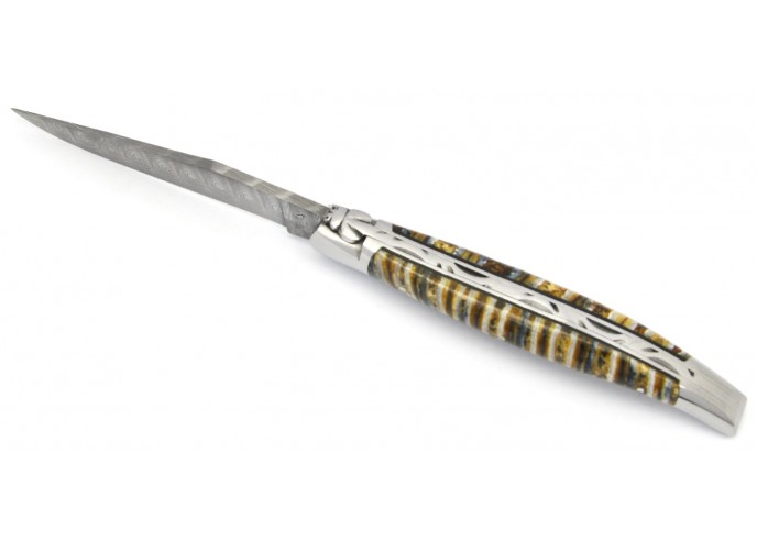 Laguiole folding knife Damascus blade, 12 cm Mammoth molar handle, shiny finish