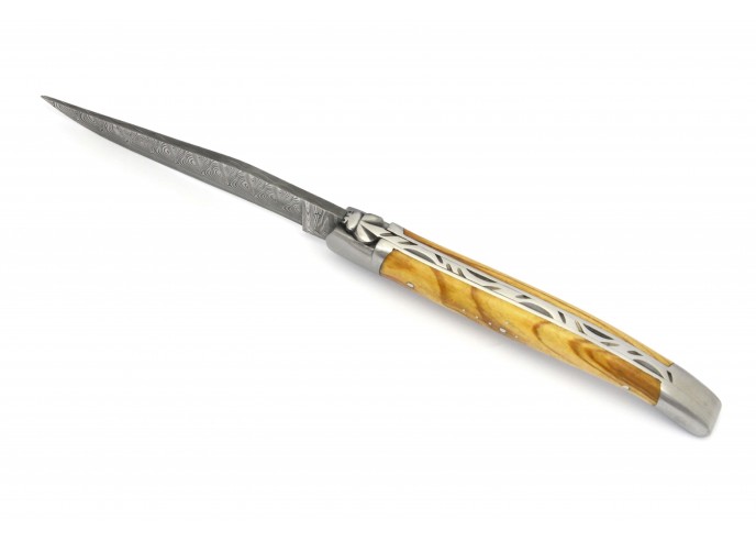 Laguiole folding knife Damascus blade, 12 cm olive wood handle, matt finish