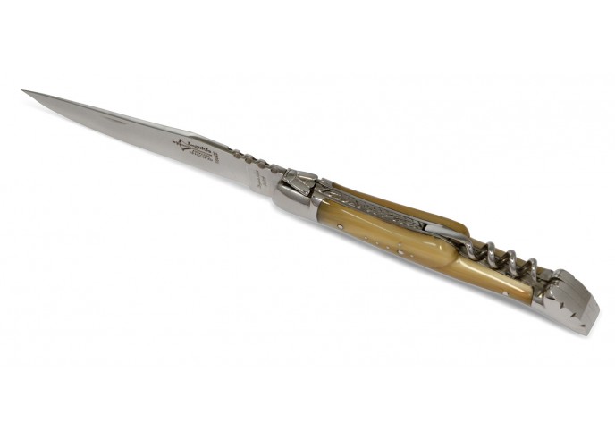 Laguiole Prestige folding knife, blade & corkscrew, 12 cm blonde horn tip handle, shiny finish