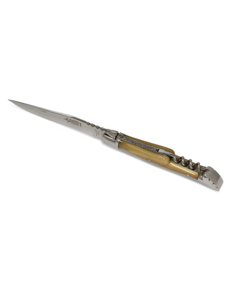 Laguiole pliant Prestige, lame & tire-bouchon, manche en pointe de corne blonde