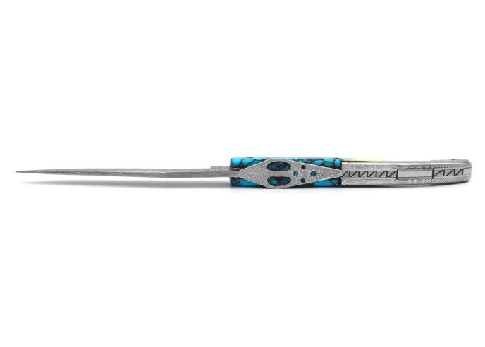 Laguiole knife Collectibles, Crown Jewels, 12 cm turquoise and Damas handle, matt finish