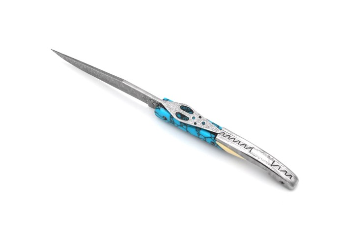 Laguiole knife Collectibles, Crown Jewels, 12 cm turquoise and Damas handle, matt finish