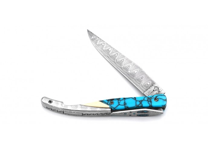 Laguiole knife Collectibles, Crown Jewels, 12 cm turquoise and Damas handle, matt finish