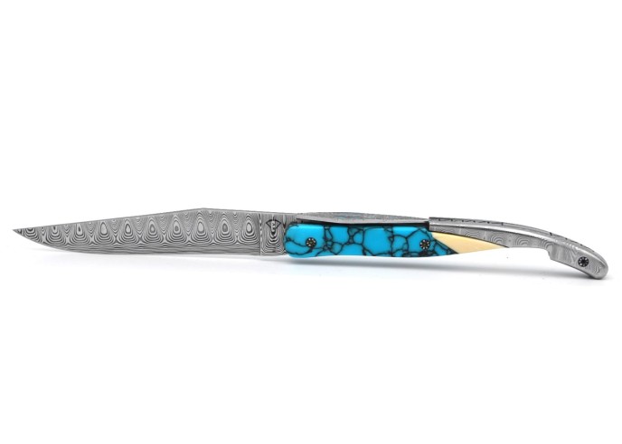 Laguiole knife Collectibles, Crown Jewels, 12 cm turquoise and Damas handle, matt finish