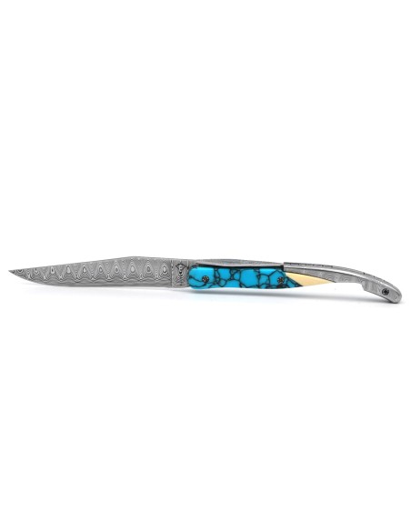 Laguiole knife Collectibles, Crown Jewels, 12 cm turquoise and Damas handle, matt finish