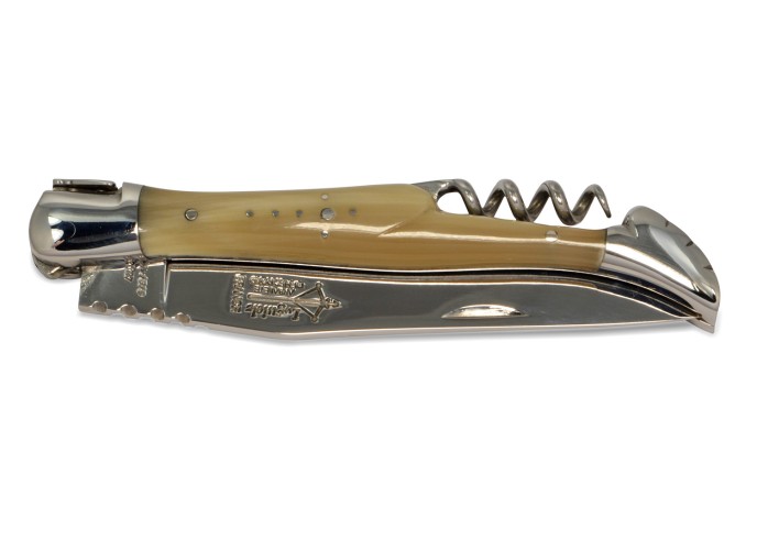 Laguiole pliant Prestige, lame & tire-bouchon, manche en pointe de corne blonde