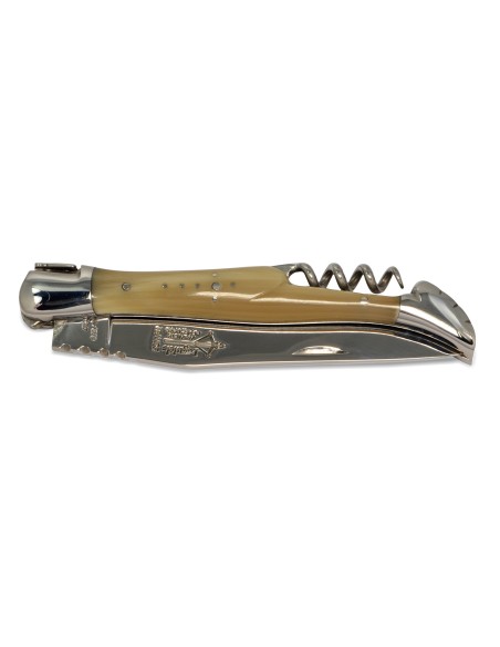 Laguiole pliant Prestige, lame & tire-bouchon, manche en pointe de corne blonde