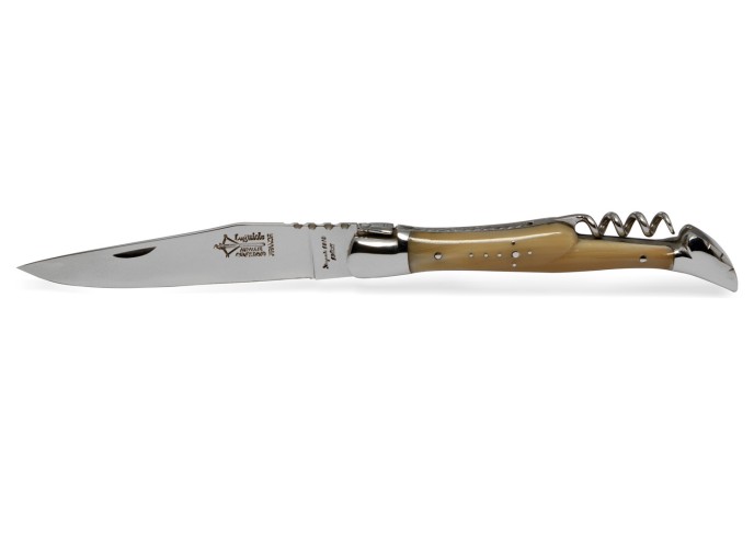 Laguiole pliant Prestige, lame & tire-bouchon, manche en pointe de corne blonde