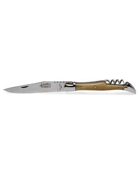 Laguiole pliant Prestige, lame & tire-bouchon, manche en pointe de corne blonde