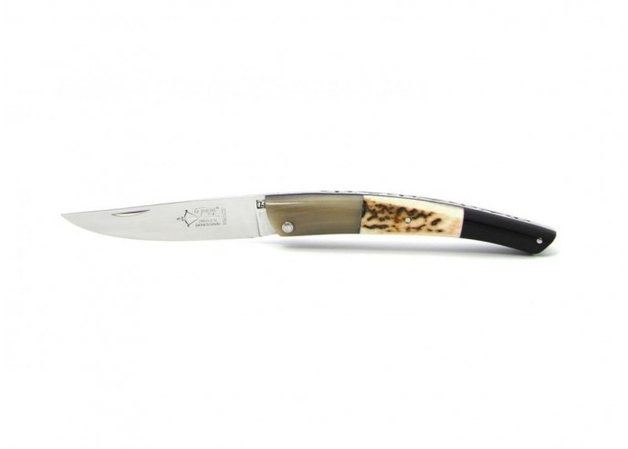 Le Thiers ® folding knife, hand-guilloché, 3 horns handle (horn tip, deer antlers and buffalo), shiny finish