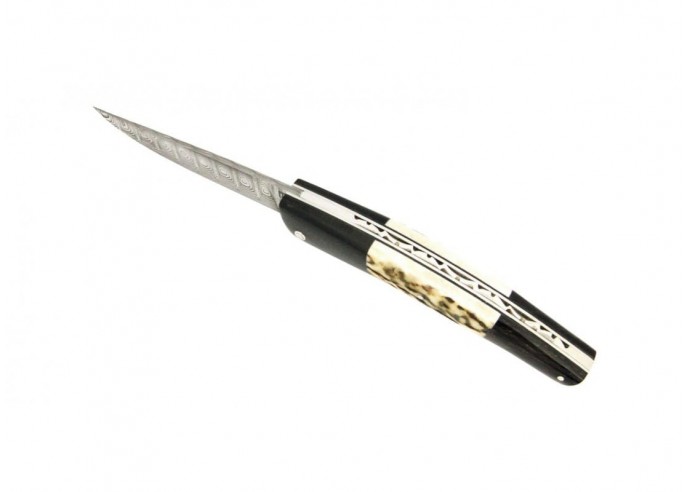 Le Thiers ® folding knife Damascus blade, 12 cm buffalo and deer antler handle, shiny finish