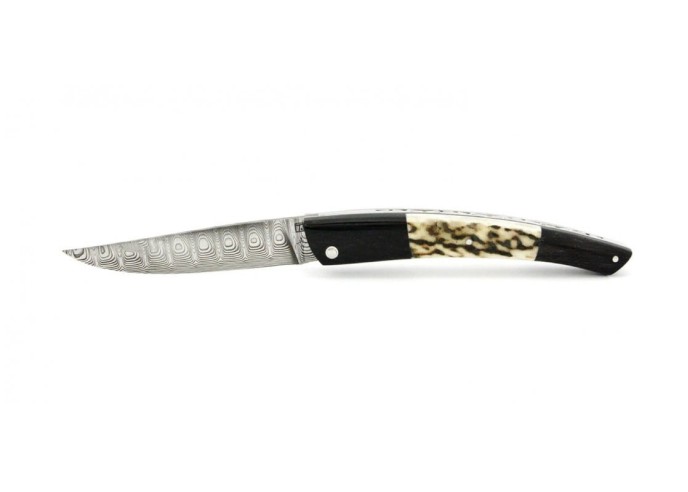 Le Thiers ® lame Damas, manche en buffle et bois de cerf de 12 cm, finition brillant