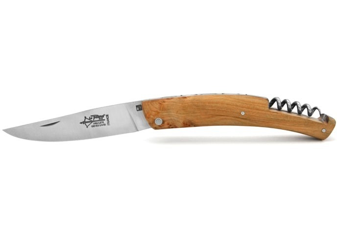 Le Thiers ® folding knife, guilloché with corkscrew, 12 cm juniper wood handle, matt finish