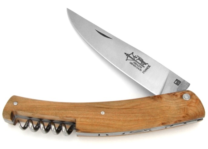 Le Thiers ® folding knife, guilloché with corkscrew, 12 cm juniper wood handle, matt finish