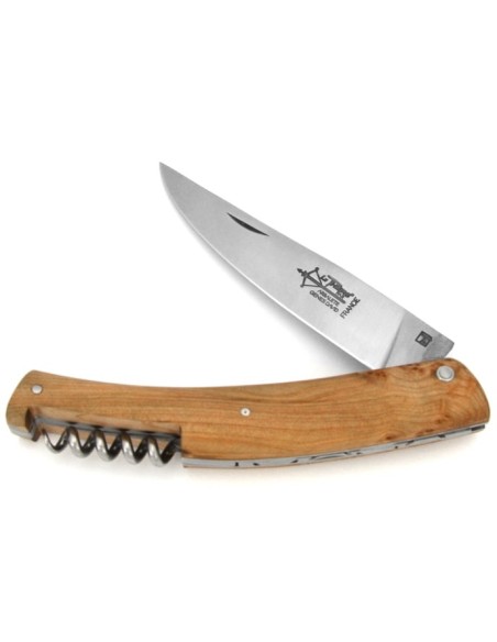 Le Thiers ® folding knife, guilloché with corkscrew, 12 cm juniper wood handle, matt finish
